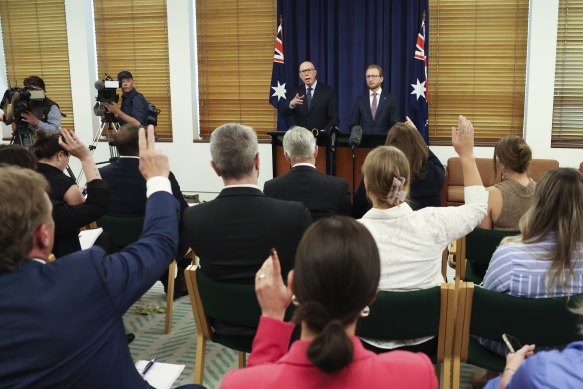 Opposition Leader Peter Dutton holds a rare press conference in Canberra, just his second with political journalists in eight months, on Thursday.