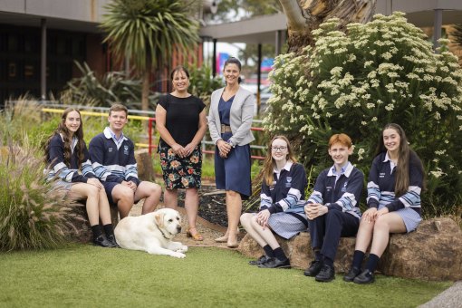 Elisabeth Murdoch College has entered the prestigious VCE “30 club” for the first time this year. Acting principal Jodie Ashby and senior school assistant principal Laura Spence with year 12 students Amie Hughes, Riley Vowels, Shelby Edmonds, Jai Thoday, Amelia Dimech and school dog Sonny.