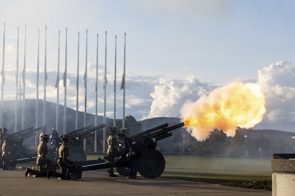 A gun salute on the forecourt of Parliament House fired one round every 10 seconds for each of the 96 years of the Queen’s life.