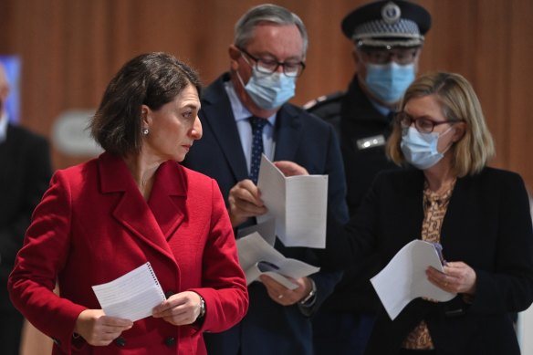 Premier Gladys Berejiklian, Health Minister Brad Hazzard, NSW Police Deputy Commissioner Gary Worboys and Chief Health Officer Dr Kerry Chant on Friday.