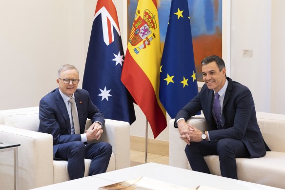 Anthony Albanese with Spanish Prime Minister Pedro Sanchez on Tuesday.