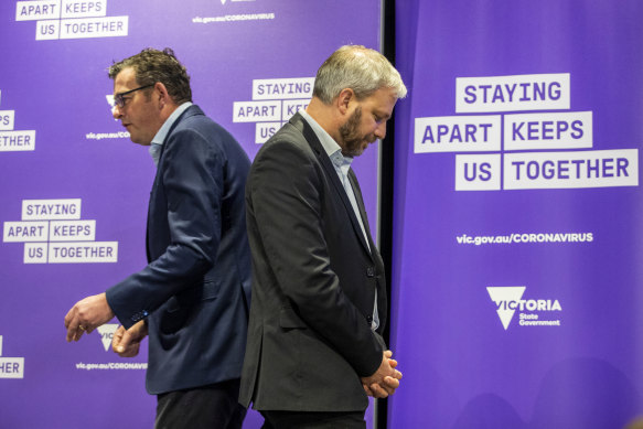 Premier Daniel Andrews and Chief Health Officer Brett Sutton at a COVID-19 briefing in August 2020.