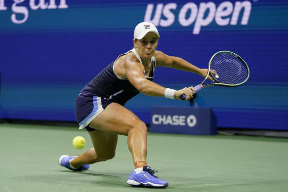 Ash Barty reaching for a backhand.