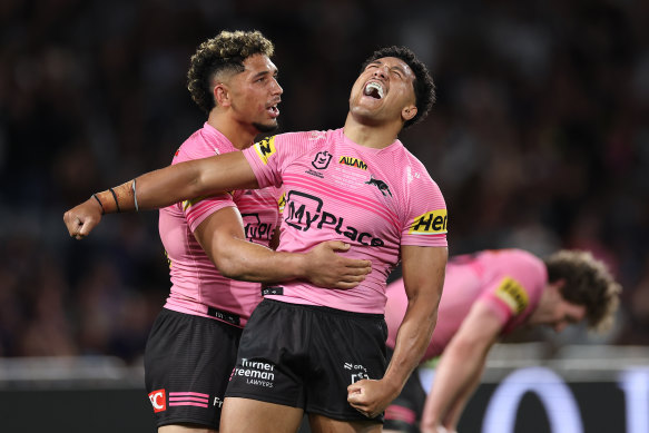 Paul Alamoti celebrates the Panthers’ grand final win.