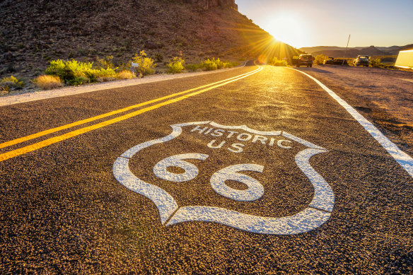 Street sign on historic route 66 in the Mojave desert.