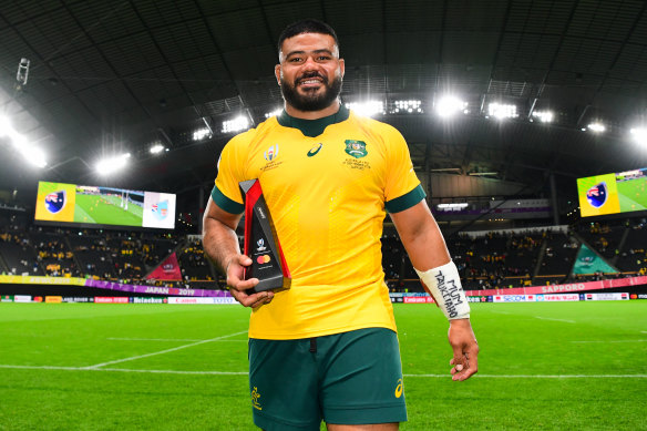 Tolu Latu was named man of the match in Australia’s 39-21 victory over Fiji in Sapporo in the 2019 Rugby World Cup.