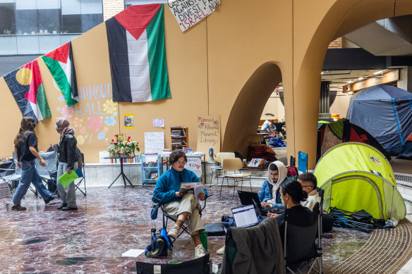 University of Melbourne students during their sit-in at the Arts West building on the Parkville campus in May.