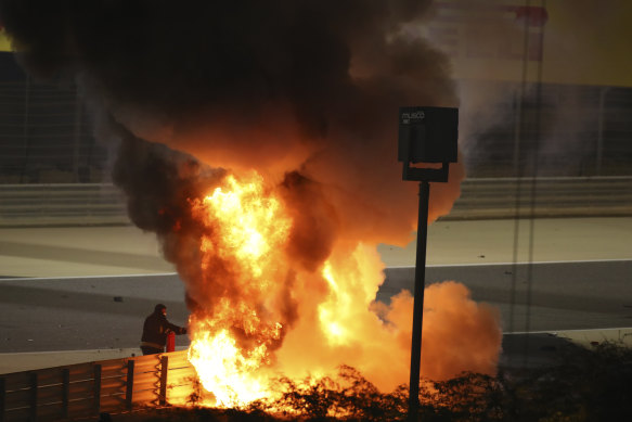 Romain Grosjean's car bursts into flames after a crash during the Bahrain Grand Prix on Sunday.