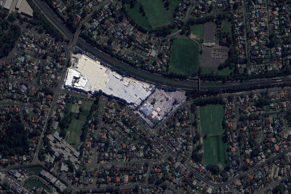 A satellite shot of the Winston Hotel (right highlighted section) and the Winston Hills Shopping Centre and strata apartments (left).