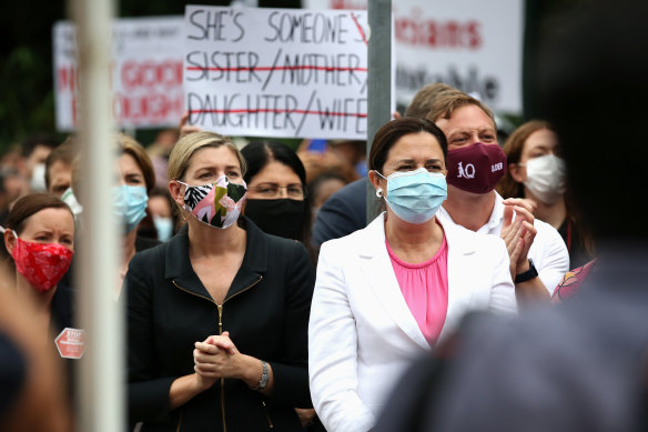  Queensland Attorney-General Shannon Fentiman and Premier Annastacia Palaszczuk attend a march earlier in 2021 calling for action against gendered violence in Parliament. 