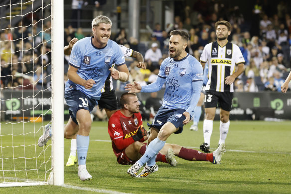 Patrick Wood celebrates after opening the scoring for Sydney FC.