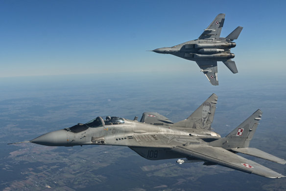 Two Mikoyan MIG-29 from the Polish Air Force take part in a NATO shielding exercise in Poland last year.
