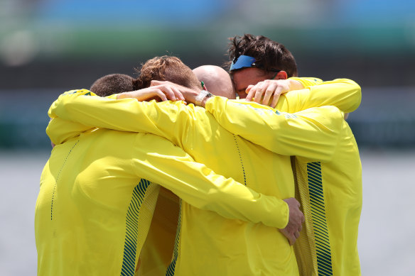 The men’s four of Alex Purnell, Jack Hargreaves, Spencer Turrin and Alex Hill celebrate their gold medal.