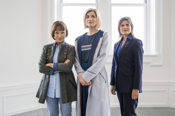 The Doctor (Jodie Whittaker, centre) with Tegan (Janet Fielding, left) and Ace (Sophie Aldred) in The Power of the Doctor.