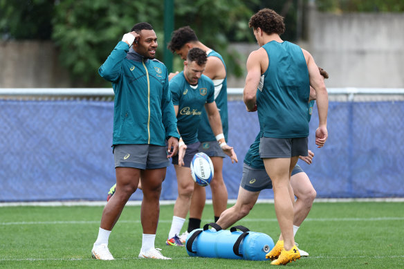 Samu Kerevi looks on at Wallabies training in Saint-Etienne. 