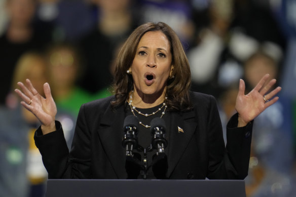 Harris speaks at a campaign rally at Erie Insurance Arena, in Erie, Pennsylvania