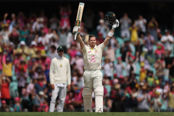 Steve Smith celebrates a century during the last Test in Sydney.
