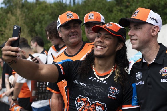 Jarome Luai meets Tigers fans during pre-season training.