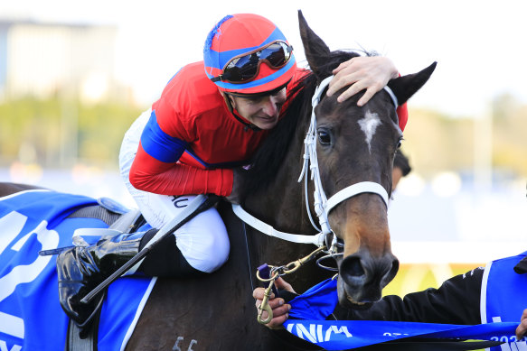 James McDonald shows  Verry Elleegant  some love after their Winx Stakes victory.