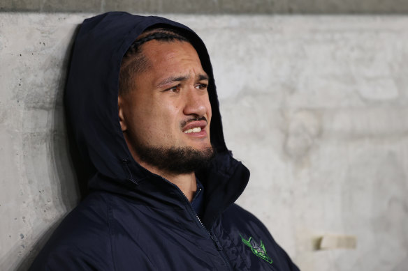Corey Harawira-Naera watches a Raiders semi-final from the bench in 2022.