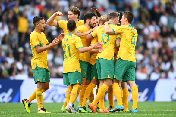 The Socceroos celebrate Mitchell Duke’s goal against New Zealand at Eden Park - their last fixture before the World Cup.