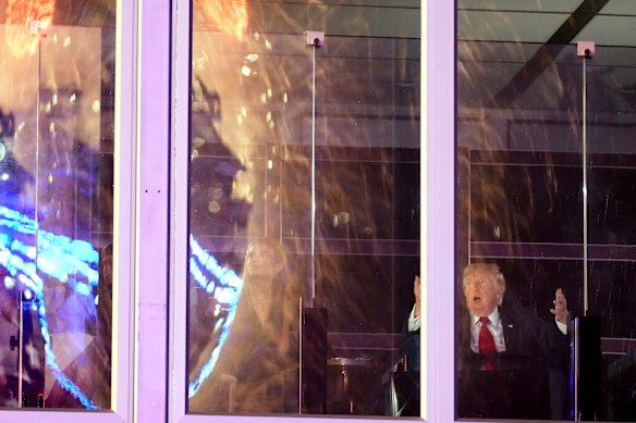 President Donald Trump reacts during a fireworks show on July 4.