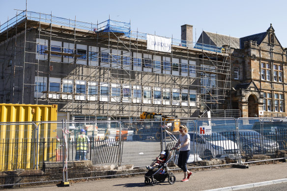 A general view of scaffolding at Balbardie Primary School in Bathgate, Scotland. Councils across Scotland are reporting their schools have reinforced autoclaved aerated concrete (RAAC) in their buildings.