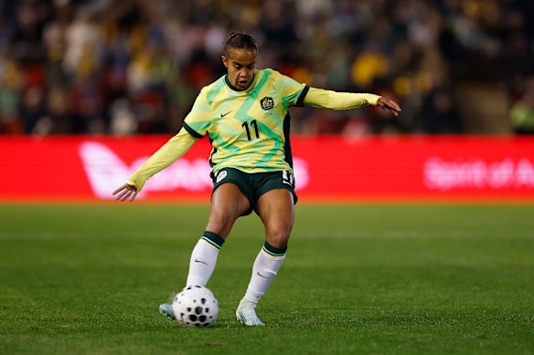 Mary Fowler on the ball for the Matildas in June.