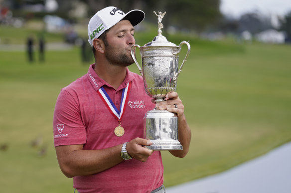 Jon Rahm celebrates his breakthrough major victory at Torrey Pines last year.