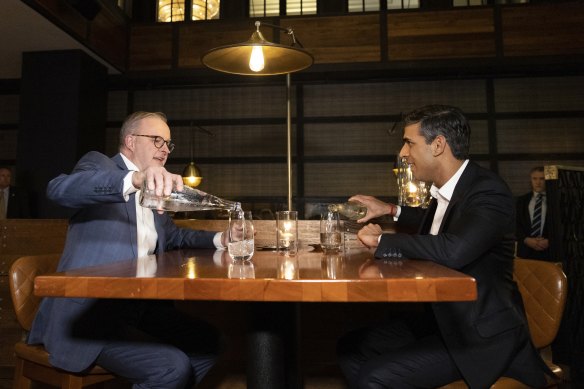 Prime Minister Anthony Albanese and UK Prime Minister Rishi Sunak at the Lionfish restaurant ahead of their meeting in San Diego.