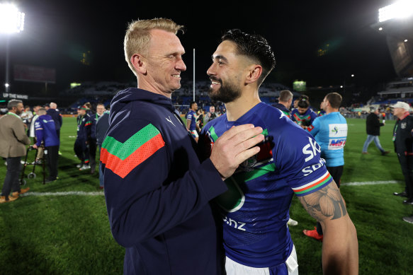 Andrew Webster and Shaun Johnson after Saturday’s win against the Knights.
