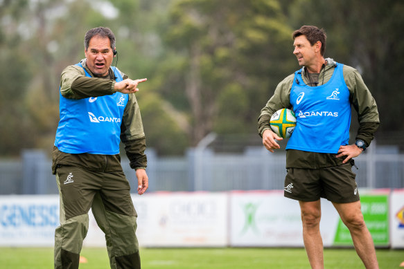 Wallabies coach Dave Rennie and assistant Scott Wisemantel watch on at training in the Hunter Valley in 2020.