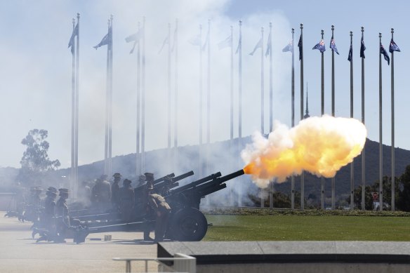 A 21 gun salute during the proclamation ceremony for King Charles III in Canberra on Sunday.