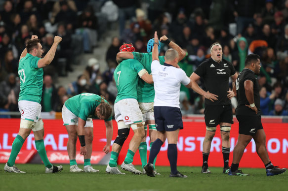 Ireland celebrate as full-time is blown in Dunedin.