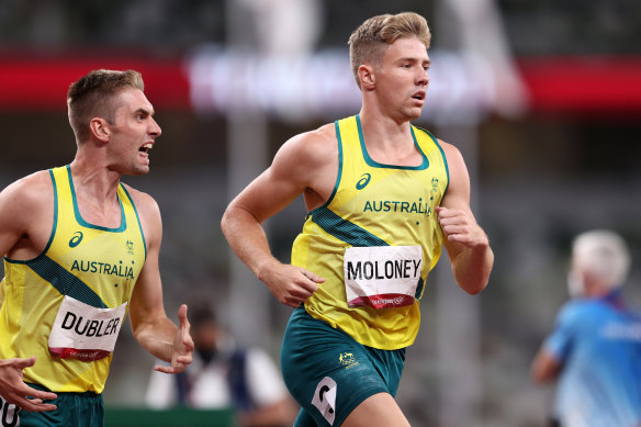 Cedric Dubler urging Ash Moloney on in Tokyo as Moloney went on to win bronze.