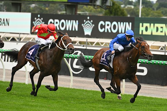 Observer kicks away from Sixties in the Australian Guineas at Flemington on February 28.