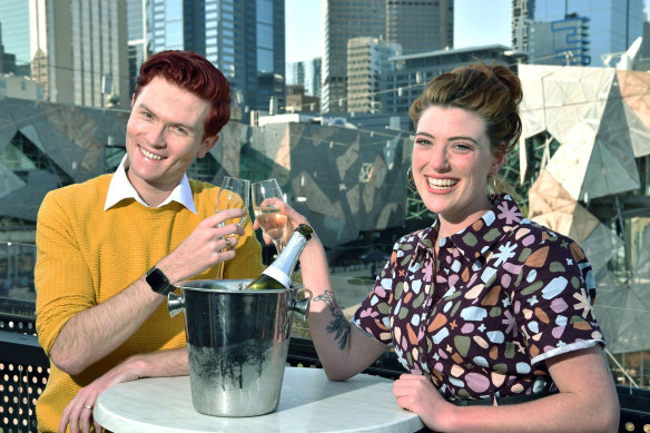 Rhys Nicholson (left) with Frankie McNair who was awarded the best newcomer at the MICF awards on Saturday.