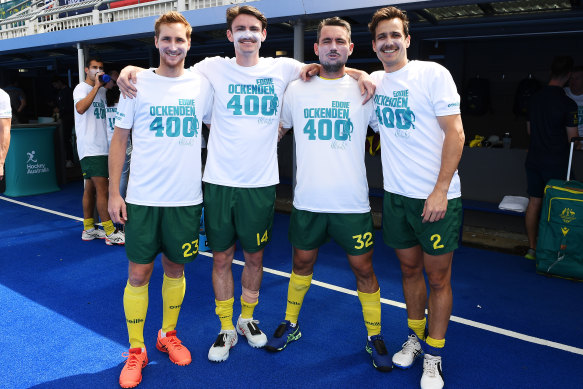 Daniel Beale, Dylan Martin, Jeremy Hayward and Tom Craig of the Kookaburras pose in Eddie 400 shirts.