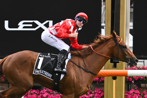 Tommy Berry passes the finishing post aboard She’s Extreme.