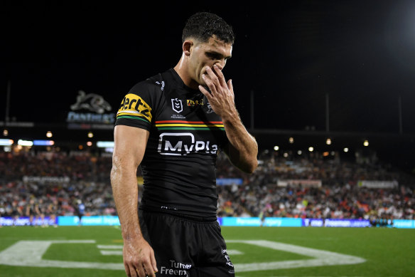 Nathan Cleary leaves the field on Friday night after aggravating his hamstring injury.