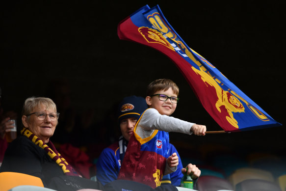 Lions fans at match against the Adelaide Crows at the Gabba on Sunday. Brisbane have bounced back from a round-one disappointment and sit third after Sunday's win.