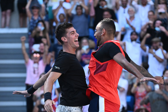 Thanasi Kokkinakis and Nick Kyrgios celebrate victory on Tuesday.