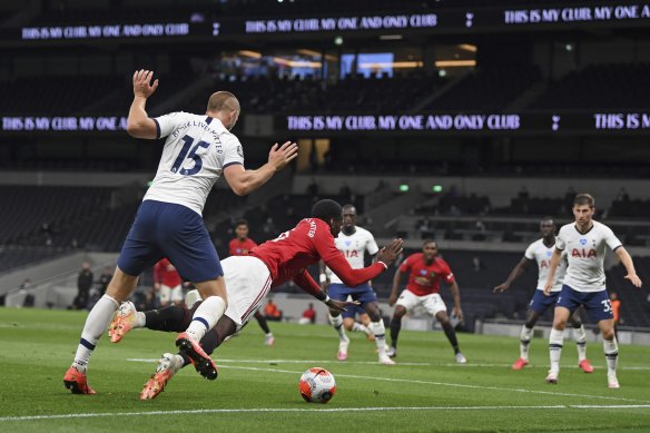 Paul Pogba is fouled in the incident which led to Manchester United's equaliser against Tottenham.