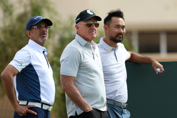 Cho Minn Thant (right) with LIV CEO Greg Norman in Saudi Arabia earlier this year.