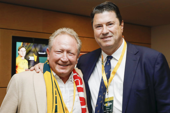 Andrew Forrest’s company Tattarang, which funds the Perth-based Super Rugby team Western Force, is said to be interested in acquiring a stake in Rugby Australia. He is pictured with Rugby Australia chair Hamish McLennan. 