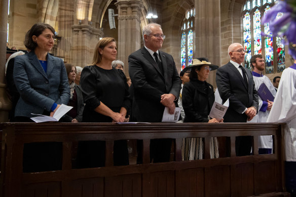 Premier Gladys Berejiklian, Prime Minister Scott Morrison and wife Jenny, and Governor-General David Hurley and wife Linda attend the St Andrew’s service on Sunday. 