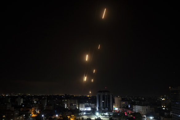 Rockets are launched from the Gaza Strip towards Tel Aviv on Tuesday night. 