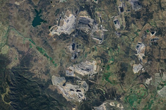 The north and south Hunter Valley Operations mines, as seen from above.