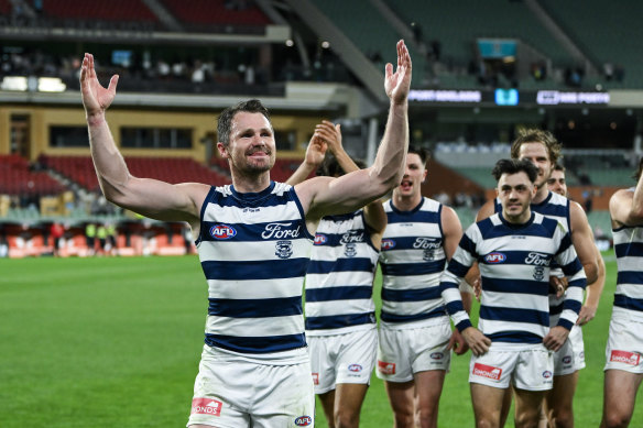 Patrick Dangerfield leads the Cats off the field.