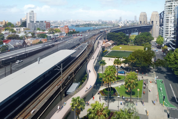 An artist’s impression of the finalised Sydney Harbour Bridge cycleway design.